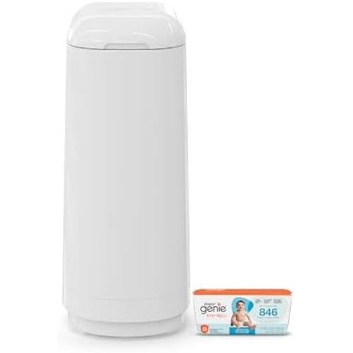 Diaper Genie Essence Pail, White with 18 Easy Roll Refill Bags