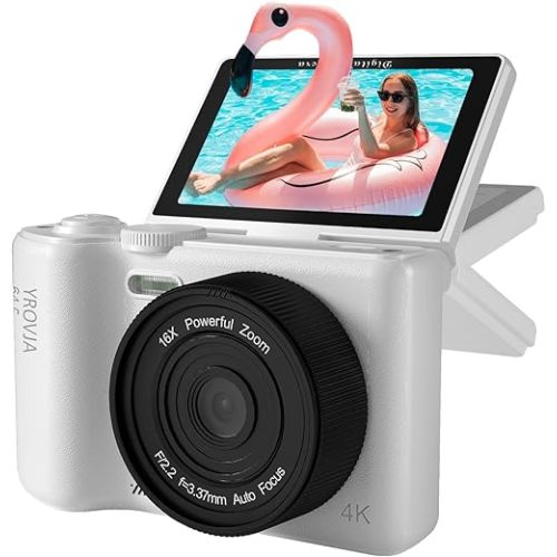 4K Digital Camera for Photography Autofocus, 2025 Latest 64MP Vlogging Camera for YouTube with 128G TF Card, 180°Flip Screen Compact Travel Camera for Teens with 16X Zoom, Anti-Shake, White