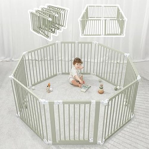 Comfy Cubs Baby Gate Playpen - 57 x 57 x 25 in, Extends Up to 228” - Pine Wood Foldable Playpen with Child-Proof Lock - Easy Assembly Baby Fence Play Area for Babies & Toddlers - Sage