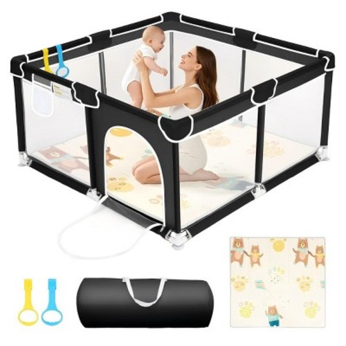 Kmaier Soft Padded Baby Playpen With Mat,Safe And Sturdy Design,Breathable Mesh,Portable For Indoor And Outdoor Use,Black
