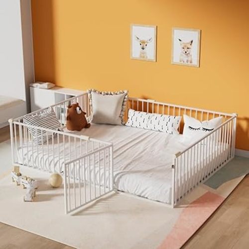 Queen Floor Bed for Kids Metal Montessori Bed Frame with Door & Safety Guardrails Multifunctional Montessori Floor Bed, No Weight Limit, Easy Assemble,White