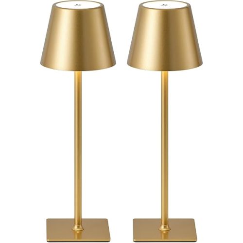 KDG 2 Pack Cordless Table Lamp, Portable LED Desk Lamps, 5000mAh Battery Operated, 3 Color Stepless Dimming Up, for Restaurant, Bedroom, Outdoor Camping, Coffee Shop, Night Light, Rechargeable (Gold)