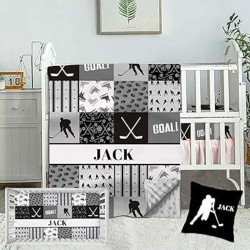 Personalized Name Crib Bedding Set for Baby Boys, Custom 3 Piece Hockey Baby Boy Crib Sets, Minky Dotted Backing Blanket, Fitted Sheet, Pillowcase, Nursery Crib Set for Newborn Toddler Infant