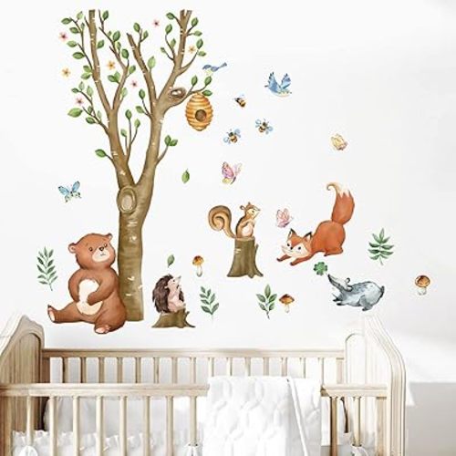 wondever Woodland Animals Wall Stickers Birch Tree Bear Fox Peel and Stick Wall Art Decals for Kids Bedroom Baby Nursery
