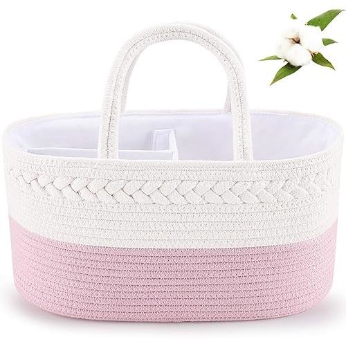 ABenkle Diaper Caddy Organizer, Cotton Rope Nursery Baby Basket, Changing Table Organizer for Baby Diaper Storage, Diaper Nursery Storage Bin for Baby Stuff, Baby Shower Gifts for Girls, Pink