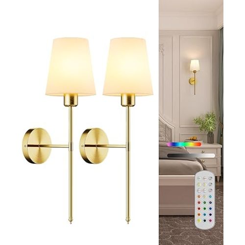 Battery Operated Wall Sconce Set of 2,Rechargeable Wall Lights with Dimmable Detachable Bulbs and Remote,15 Colors Wireless Wall Lamps for Bedroom Living Room Hallway,Gold(2 Pack)