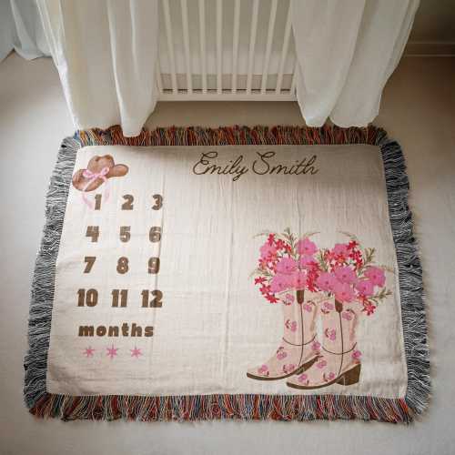 Personalized Cowgirl Milestone Blanket Baby Shower Gift for Girl Milestone Western Girl Monthly Blanket Nursery Decor Coquette Woven Blanket