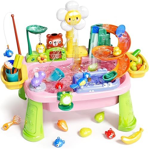 Water Table Play Sink Toys for Toddlers, Kids Play Kitchen Sink with Running Water, 360° Electric Faucet, Floating Fishing Game, Sensory Water Table Toys for Boys Girls Summer Gifts - Pink