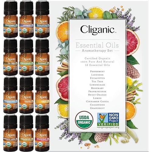 Cliganic USDA Organic Aromatherapy TOP 12 Essential Oils Set, 100% Pure - Peppermint, Lavender, Eucalyptus, Tea Tree, Lemongrass, Rosemary, Frankincense, Orange, Lemon, Cassia, Cedarwood & Grapefruit