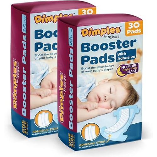 Dimples Booster Pads, Baby Diaper Doubler with Adhesive for Secure Fit | 1 Size Fits All Diapers | Boosts Absorbency No More leaks 60 Count