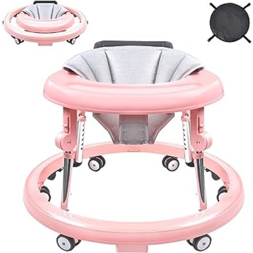 Baby Walker, Foldable 9-Gear Height Adjustable Baby Walker with Wheels, Infant Toddler Walker with Foot Pads, Anti-Fall Baby Walkers and Activity Center Bouncer Combo for Boys and Girls 6-24 Months…