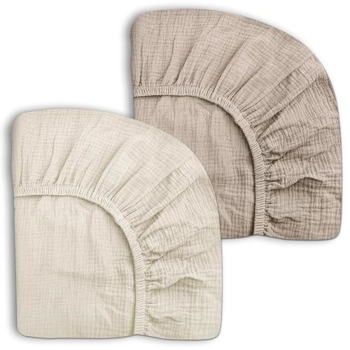 Pack and Play Sheets for Baby Boy and Girl 2 Pack, Neutral Muslin Cotton Pack N Play Mattresses Sheet 27"x39", Muslin Nursery Bedding Soft and Breathable Comfort(Beige & Cream)