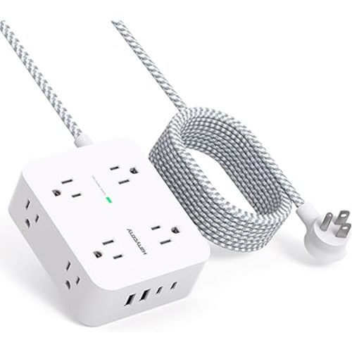 10 Ft Surge Protector Power Strip, Extension Cord with 8 AC Outlets 4 USB (2 USB C) Ports, Flat Plug, Wall Mount Desk USB Charging Station for Home