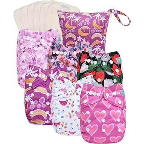 ALVABABY Cloth Diapers Designed for Summer, Cooler and More Breathable,6 Pack Diapers and 6 Inserts with One Wet Dry Bag, Adjustable Washable Reusable for Baby Girls and Boys 6WJT05A-L