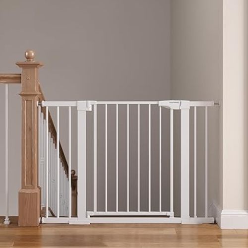 Baby Gate for Stairs, 29.6"-46" Pressure Mounted Pet Gate with Walk Through Door, Auto Close Dog Gate for House, Stairs, Doorways