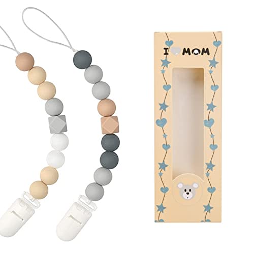 Pacifier Clips for Baby Boys Girls Silicone Beads Pack of 2 Soft Flexible Binky Clips(Grey+Blue)