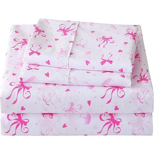 Viviland 3 Pieces Girls Pink Twin Sheet Set - Soft Microfiber Fitted Flat Sheets & Pillowcase - Pink Bow Print Bedding Sets - for Kids & Toddlers