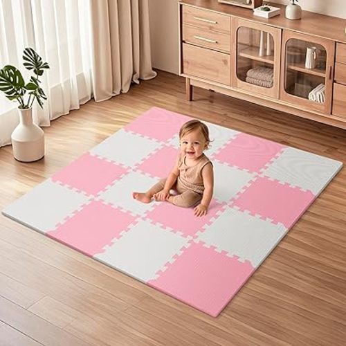 16Pcs Baby Play Mat for Floor, Foam Floor Tiles for Kids with Interlocking, Squares Foam Puzzle Carpet for Playroom, Crawling Rug for Babies 6-12 Months,Toddlers,11.8*11.8*0.6In Each,Grey White Pink