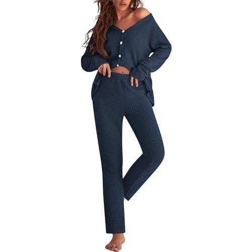 Ekouaer Womens Waffle Knit Pajamas Loungewear Two-piece Sleepwear Button-Down Pj Set with Pockets