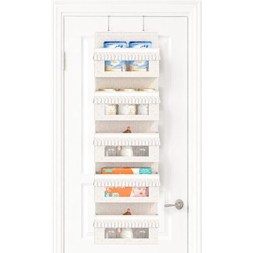 5 Tier Over The Door Organizer Storage Nursery, Boho Door Organizer Hanging with Tassels and Clear Window, 65lb Behind The Door Storage for Baby Nursery, Bedroom, Bathroom