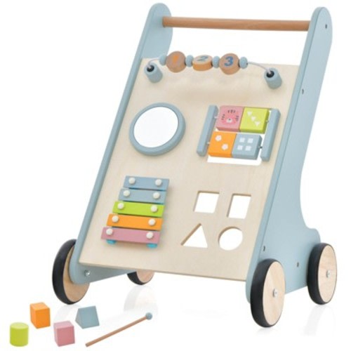 Wooden Baby Walker Toddler Push Walker w/ Xylophone & Flip Blocks Blue