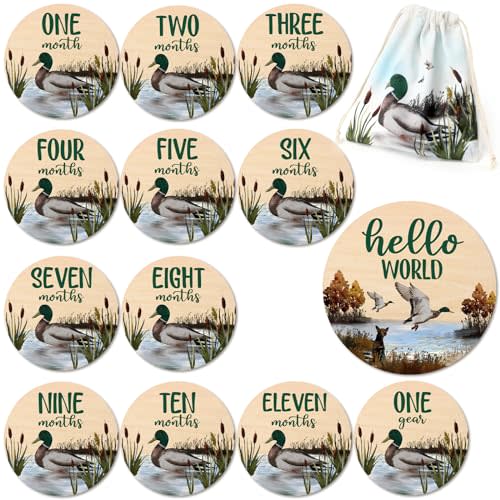 Huray Rayho Duck Cards Mallard Baby Wooden Disc Marker Mallard Duck Nursery Gift Hunting Card Birth Stat Sign Birth Start Sign Photo Prop