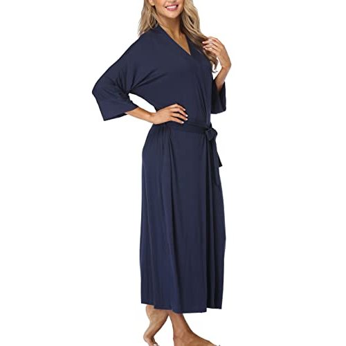 Womens Soft Long Kimono Robes Lightweight Full Length Knit Bathrobe With Pockets Ladies Casual Dressing Gown