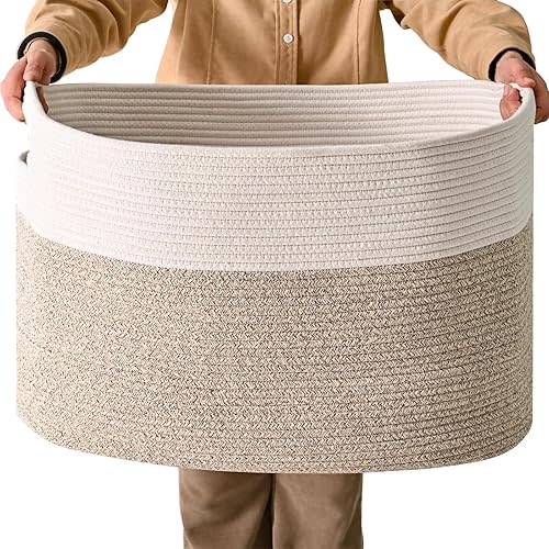 Extra Large Blanket Basket Living Room, Rectangle Storage Basket, Large Woven Baskets for Storage, Cotton Rope Baskets for Toys, Clothes, 25”x16”x16”, White & Brown, 108L
