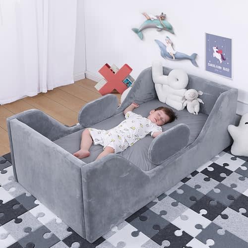 weeonekids Toddler Bed, Child Bed for Kids with Extra Safty Broad, Standard Crib Size Toddler Bed, Certified Fabric Toddler Beds,Toddler Floor Bed (Gray)
