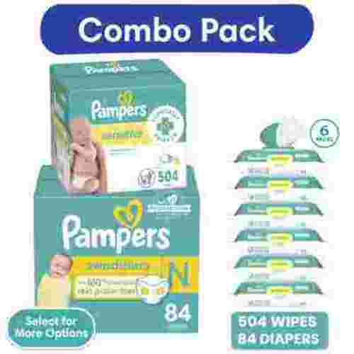 Pampers Swaddlers Diapers, Newborn, 84 Count and Pampers Sensitive Baby Wipes 6-Pack 504 Wipes (Select for More Options)