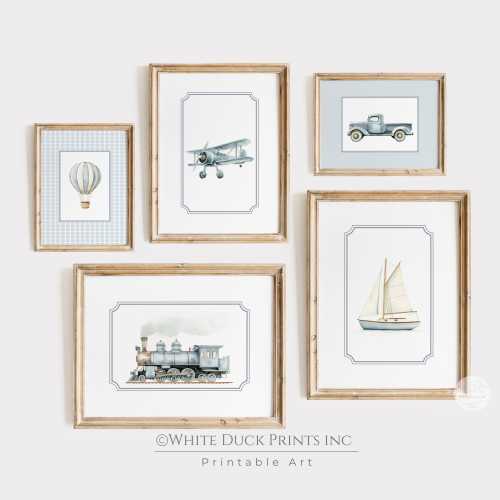 Travel Boy Nursery Wall Art | Blue Vintage Transportation Prints | Boy Room Watercolor Truck Hot Air Balloon Boat Plane Train Prints
