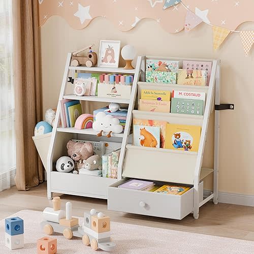 Kids Bookshelf and Toy Storage - Kids Book Shelf for Kids Rooms, Toddler Bookshelf Baby Bookcase for Nursery, Montessori Toy Organizer, White