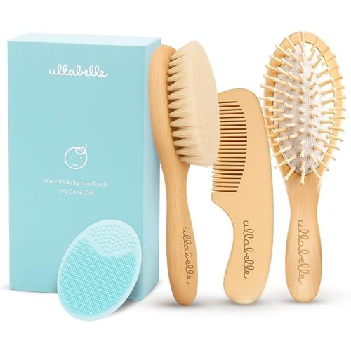 Ullabelle 4 Piece Wooden Baby Hair Brush and Comb Set for Newborns & Toddlers in Chic Gift Box - Ultra Soft Natural Goat Hair and Wood Baby Brush Set Prevents Cradle Cap - Perfect Registry Gift (Blue)