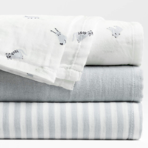 Baby's First Blue Mini Animal Organic Cotton Gauze Baby Swaddle Blankets, Set of 3