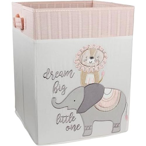 Levtex Baby - Imani Nursery Hamper - Rectangle Fabric Hamper - Elepahnt and Lion - Grey, Cream, Taupe, Pink - Nursery Accessories - Size: 14 x 14 x 19in.