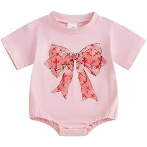 Lamuusaa Newborn Baby Girl Summer Clothes Short Sleeve Bow Print Romper One Piece Bodysuit Jumpsuit Shirts 0-18M