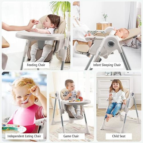 BABY JOY Convertible High Chair for Babies & Toddlers, Foldable Highchair with Adjustable Backrest/Footrest/Seat Height, Double Removable Tray, Detachable PU Cushion, Built-in Front Wheels (Beige)