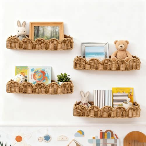 Nursery Book Shelves Set of 4 - Artisanal Natural Rattan Scalloped Book Shelf for Kids Rooms 15.8" W, Cute Wicker Nursery Bookshelf Wall Mounted, Handwoven Floating Kids Bookshelf, Baby Boho Decor