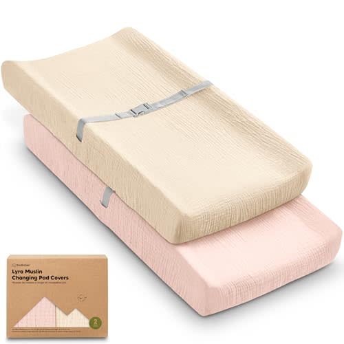 2-Pack Muslin Diaper Changing Pad Covers Boy, Girl – Soft Breathable Muslin Cotton Changing Table Cover, Organic Baby Changing Pad Sheets, Contoured Change Pads Liners Washable 34 x 18 (Cameo)