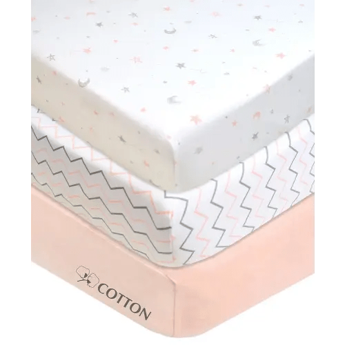 American Baby Company 3 Pack 100% Natural Cotton Fitted Mini Crib Sheets 38" x 24" - Soft & Breathable Small Nesting Portable Sheets, Fits Pack N Play Mattresses, Pink Star/Zigzag, for Boys & Girls