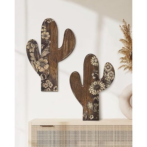 Putuo Decor 2 Pieces Aztec Cactus Decor, Farmhouse Wall Decor, Rustic Flower Patterns Wood Home Decor for Living room, Bedroom, Bathroom, Western Decor