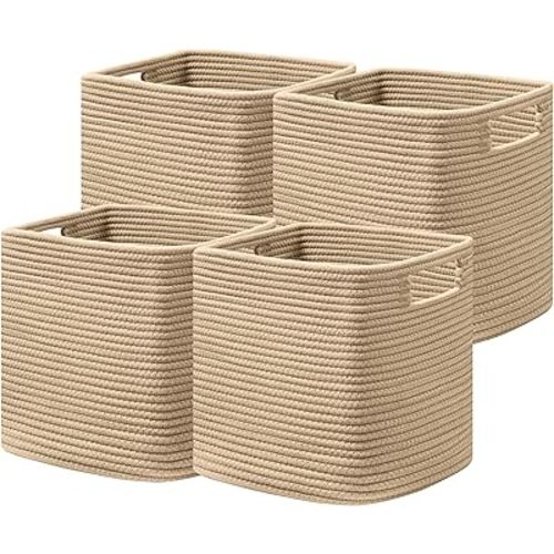 UBBCARE Set of 4 Storage Basket-12 X 12 X 12 in, Cotton Rope Basket for Shelves, Toys, Book, Cube Storage Bins with Handles, Woven Storage Basket for Organizing, Brown