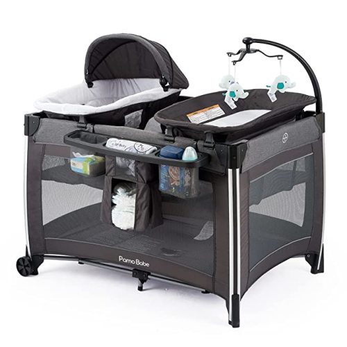 Pamo Babe 4 in 1 Portable Baby Crib Deluxe Nursery Center, Foldable Travel Playard with Bassinet, Mattress, Changing Table for Newborn, Infant, Toddler(Grey)