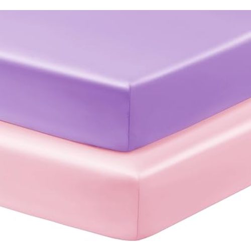 Horbaunal 2 Pack Satin Crib Sheets for Baby with Sensitive Hair, 52" x 28" x 8" Silky Fitted Crib Sheets, Soft Toddler Sheet Baby Mattress Sheet, Blush Pink & Violet
