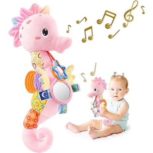 Sumobaby Infant Baby Musical Stuffed Animal Activity Soft Toys with Multi-Sensory Crinkle, Rattle and Textures, for Tummy Time Newborn 0-3-6-12 Months Girls,Seahorses - Pink with Baby Mirror