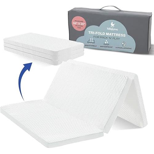 Waterproof Pack and Play Mattress Topper | 38" x 26" x 1.5" | Trifold Style - Breathable Soft Plush Foam - Portable Mattress Topper - Baby Foam Mattresses for Babies
