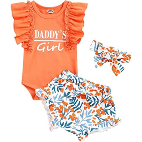bilison Girl's Funny Letter Top Floral Pants With Headband Newborn Summer 3Pcs Sets Romper Outfit, Light Orange, 0-3M