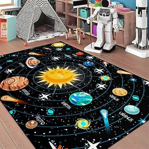 Outer Space Rugs Small Size Universe Solar System Planet Theme Carpets Kids Rugs for Playroom Educational Learning Area Rug for Living Room Bedroom Indoor Crystal Polyester Floor Sofa Mats, 2'×3'