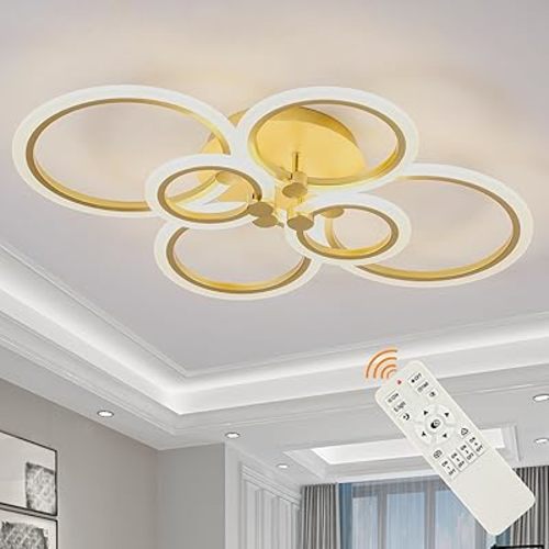 SJV Modern LED Ceiling Light Fixture, Gold 6Rings Dimmable Flush Mount Ceiling Light, 31.4" Kitchen Lighting Fixtures Ceiling LED Chandelier 3Colors Change with Remote for Living Dining Room,Bedroom