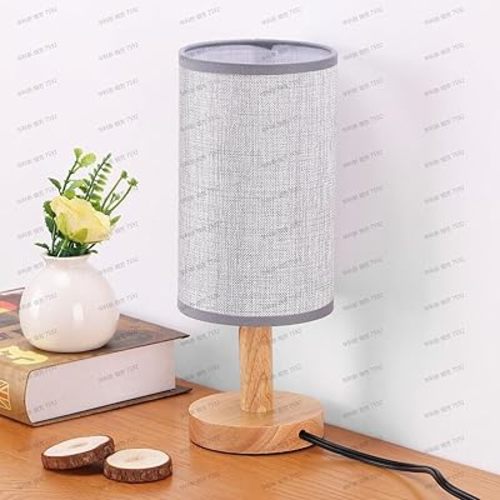 Gray Small Bedside Table Lamp for Bedroom,Natural Round Wood Base&Fabric Linen Shade,Cozy Night Table Light for Study Reading,Minimalist Boho Desk Lamp for Nightstand,Living Room,Nursery,Kitchen,Dorm